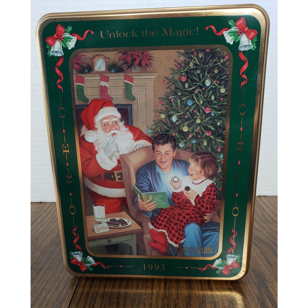 1993 Oreo Cookie Tin Green Unlock the Magic Christmas Morning Santa Tree Vintage